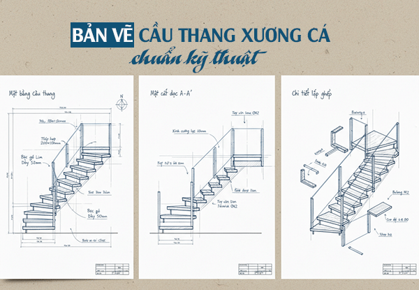 Bản vẽ cầu thang xương cá chuẩn kỹ thuật và chi tiết nhất 2025