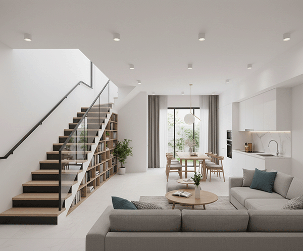 Cách “mở lối” không gian phòng khách của nhà ống 4m có cầu thang