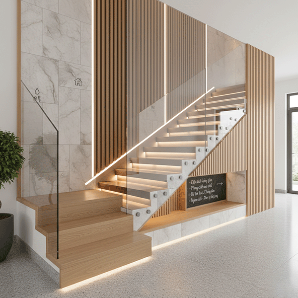 cách lựa chọn vật liệu trang trí vách cầu thang