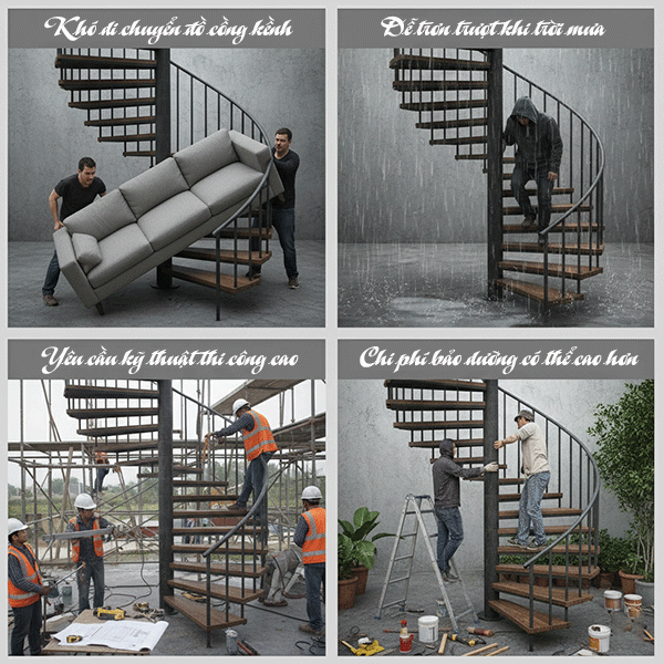nhược điểm cầu thang xoắn ốc ngoài trời