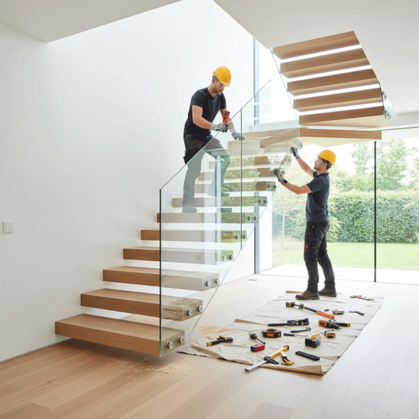 quy trình thi công cầu thang gỗ kính