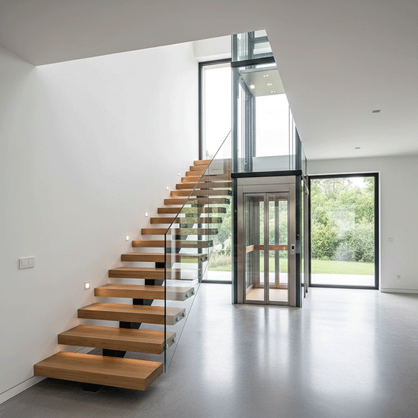 thiết kế cầu thang gỗ công nghiệp và thang máy gia đình