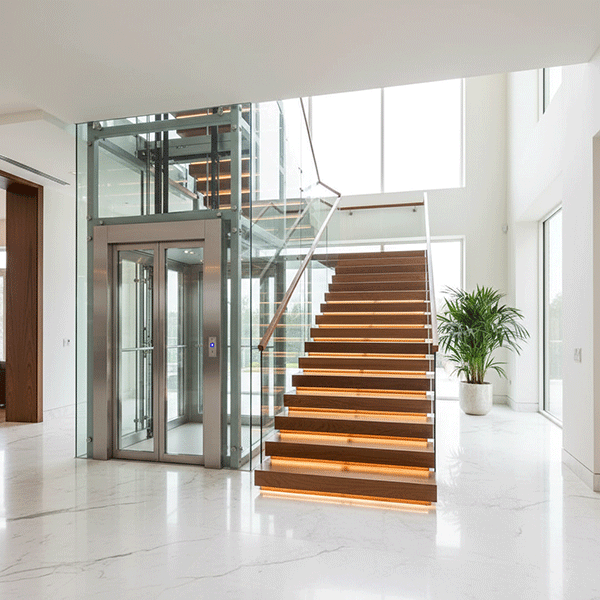 thiết kế cầu thang gỗ lim nam phi cạnh thang máy