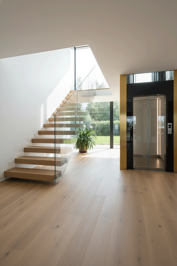 thiết kế thang máy cạnh cầu thang gỗ kính