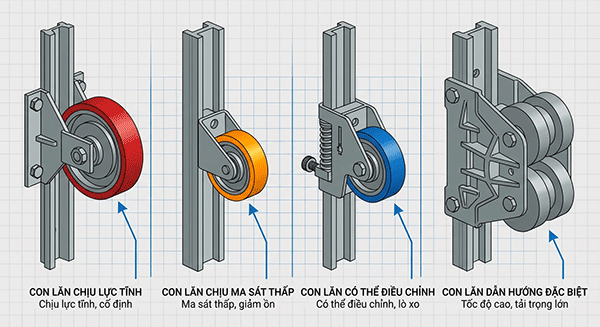 các dạng con lăn dẫn hướng thang máy