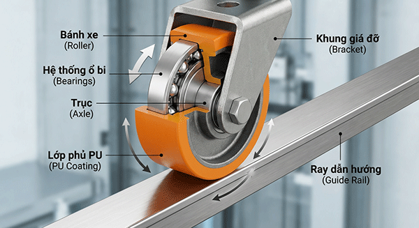 đặc điểm con lăn dẫn hướng thang máy