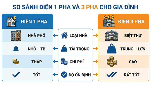 so sánh điện 1 pha và 3 pha cho gia đình