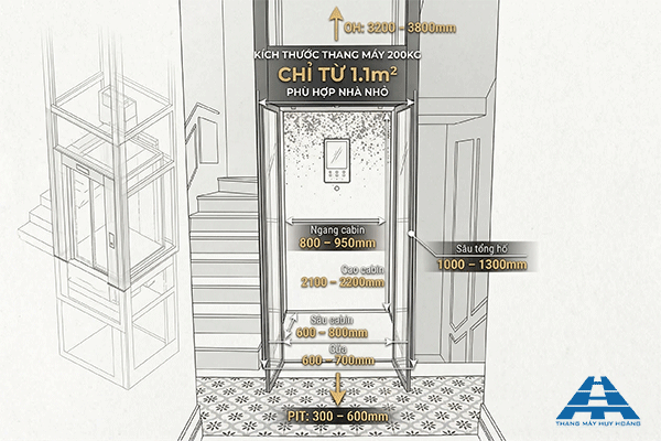 kích thước thang máy 200kg tiêu chuẩn