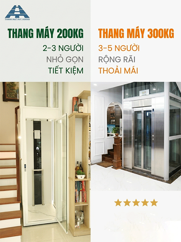 so sánh thang máy 200kg và thang máy 300kg