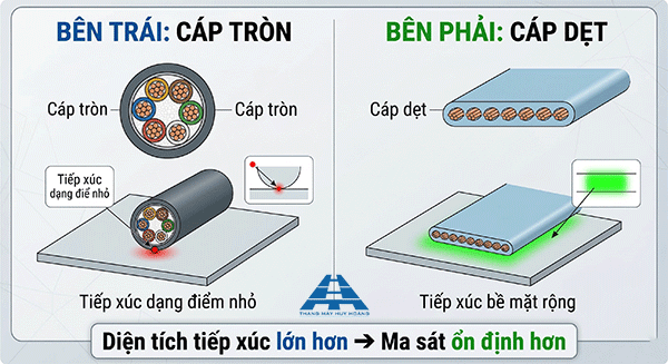 so sánh thang máy cáp dẹt và thang máy cáp tròn
