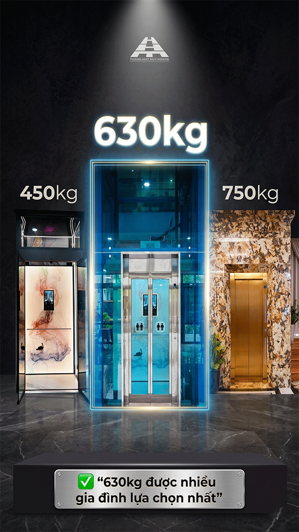 bảng so sánh thang máy 630kg với 450kg và 750kg