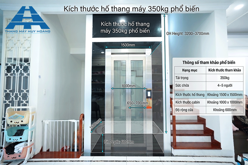 kích thước thang máy gia đình 350kg phổ biến