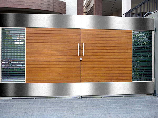 mẫu cổng inox kết hợp gỗ