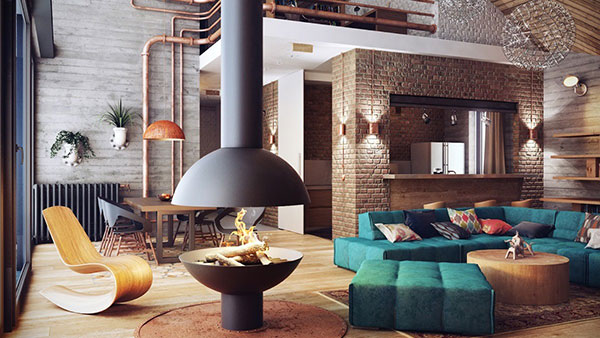 mẫu phòng khách phong cách Industrial